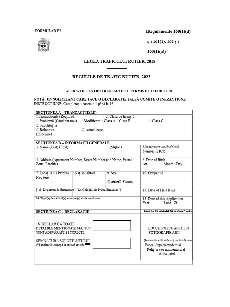 FORMULAR F7 Permis de Conducere | PDF