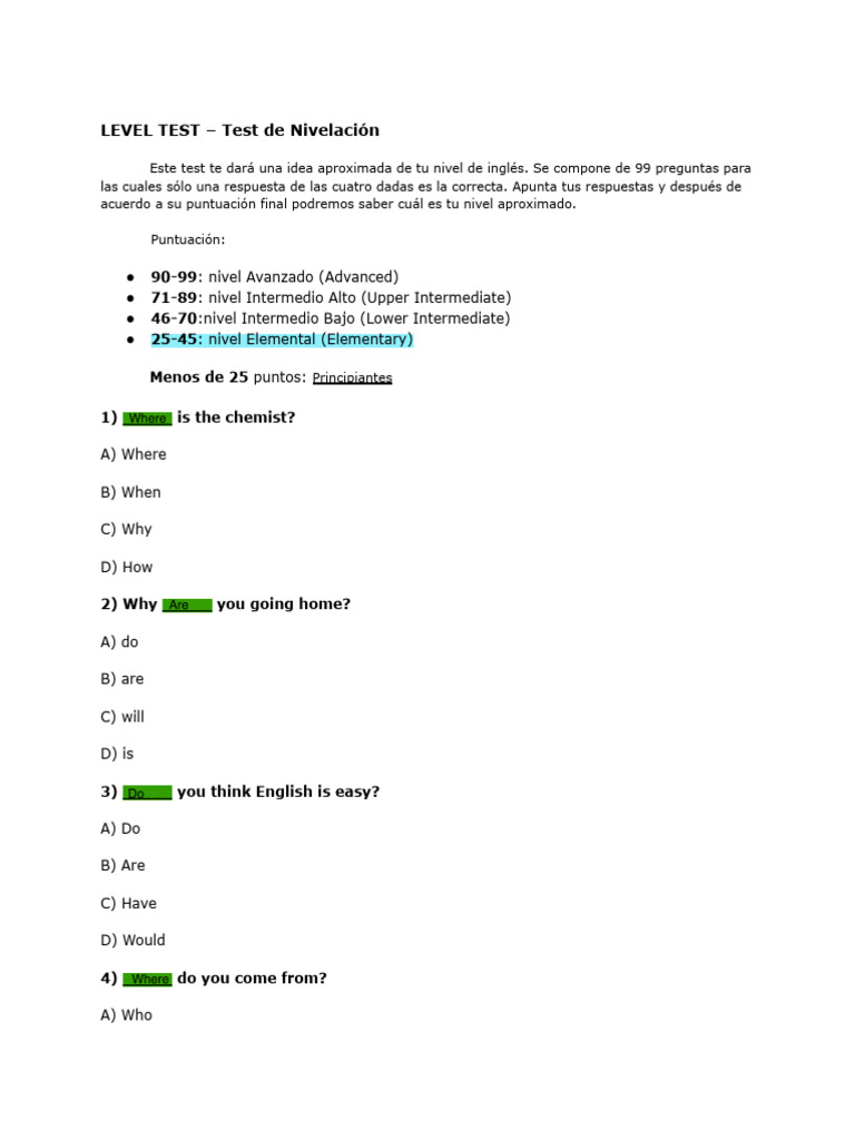 LEVEL TEST - Test de Nivelación | PDF