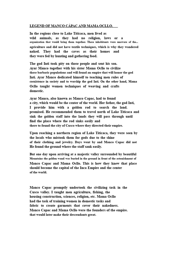 Legend of Manco Cápac and Mama Ocllo | PDF | Inca Empire