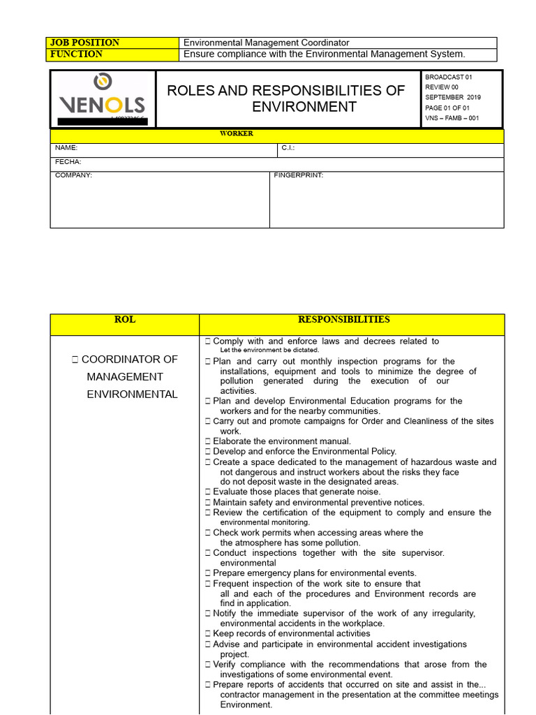 Roles and Responsibilities of The Environment of The Environmental ...
