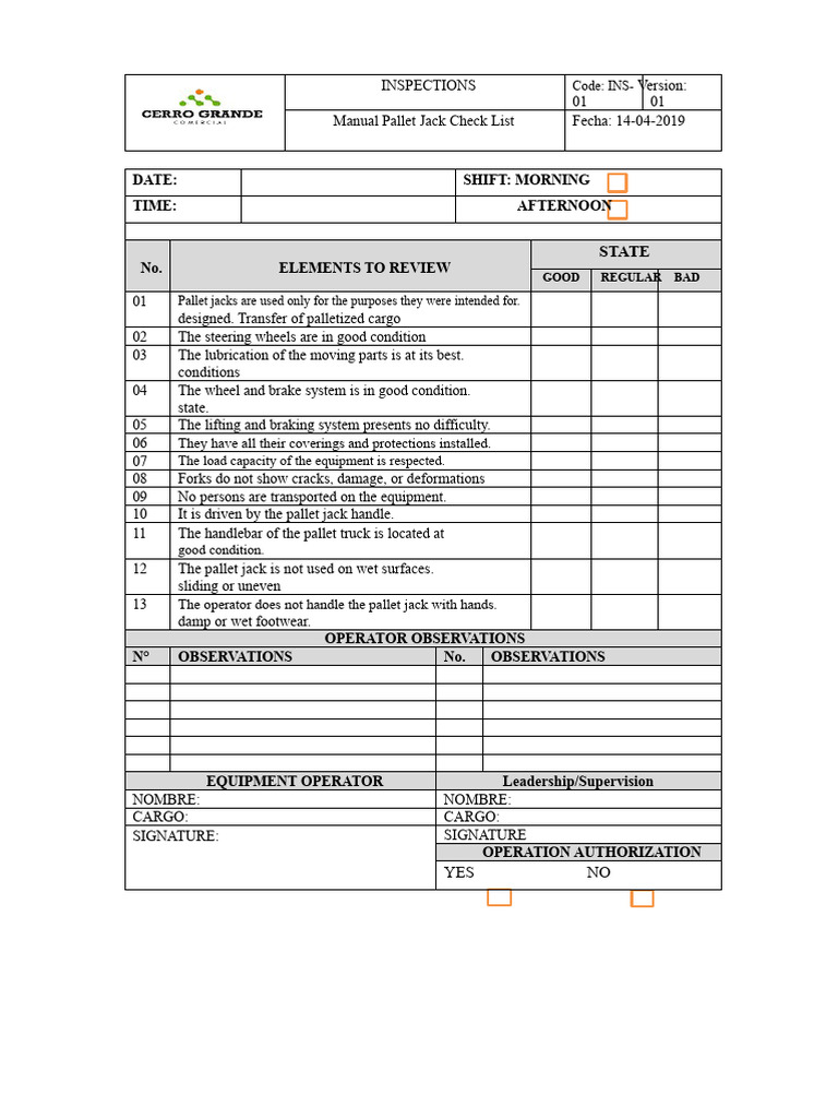 Manual Pallet Jack Inspection Checklist | PDF