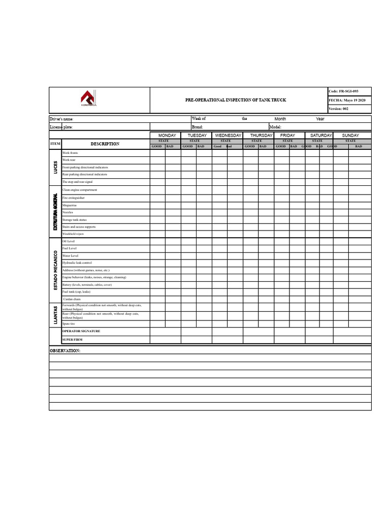 Fr-Sgi-093 - Pre-Operational Inspection of Tank Truck | PDF