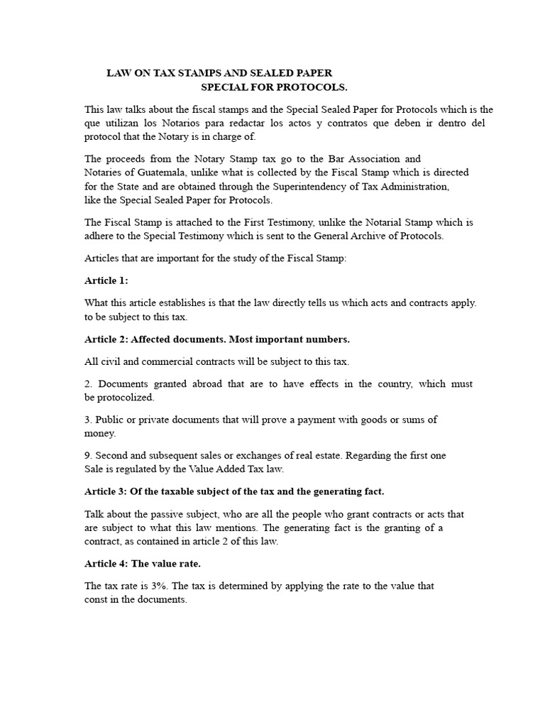 Summary of The Law On Fiscal Stamp Taxes and Special Stamped Paper For ...