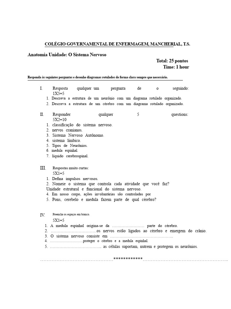 Papel de Perguntas Sobre o Sistema Nervoso | PDF