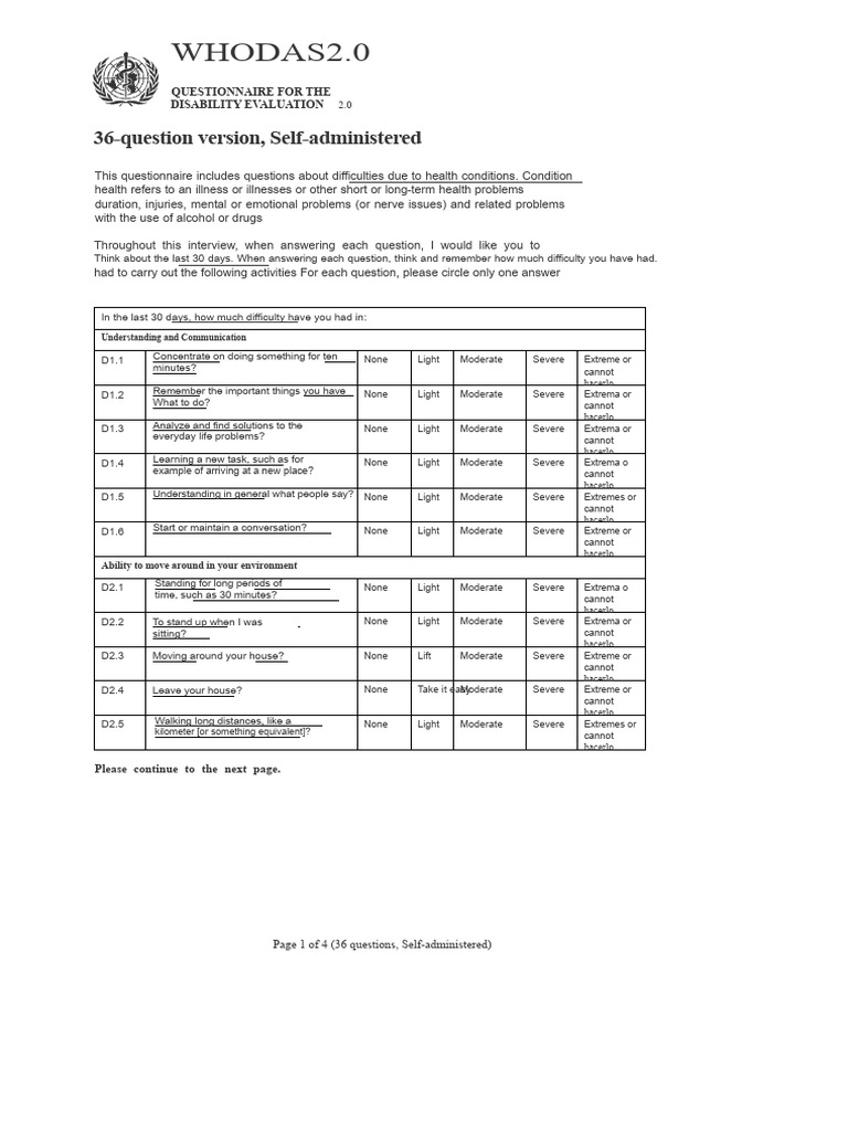WHODAS 2.0 Disability Evaluation Tool | PDF | Questionnaire | Social ...