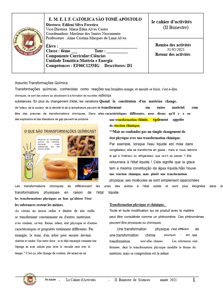 Transformations chimiques et physiques en sciences | PDF | Chimie | La ...