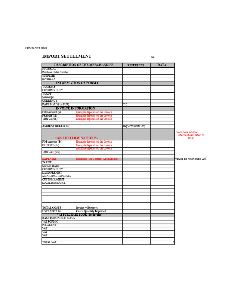 Importation Settlement Format Example | PDF