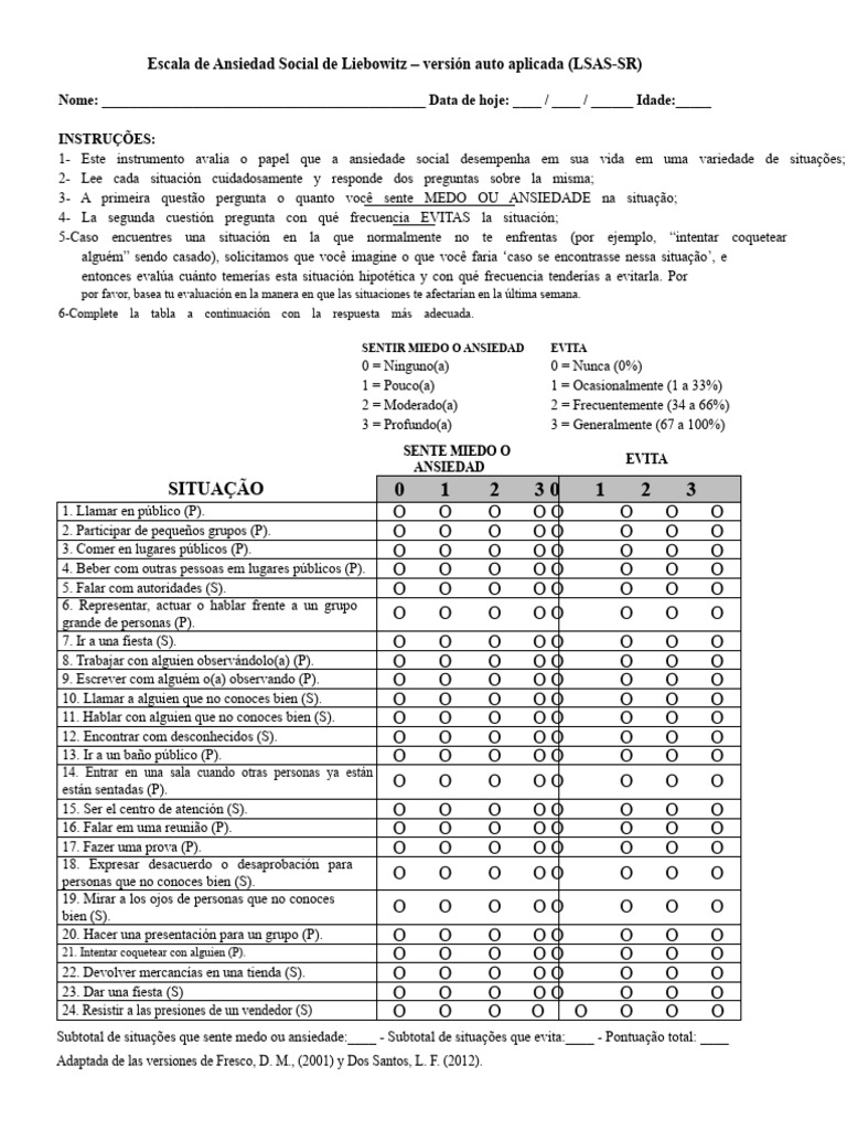 Escala de Ansiedad Social LSAS-SR | PDF | Ansiedad | Ciencias del ...