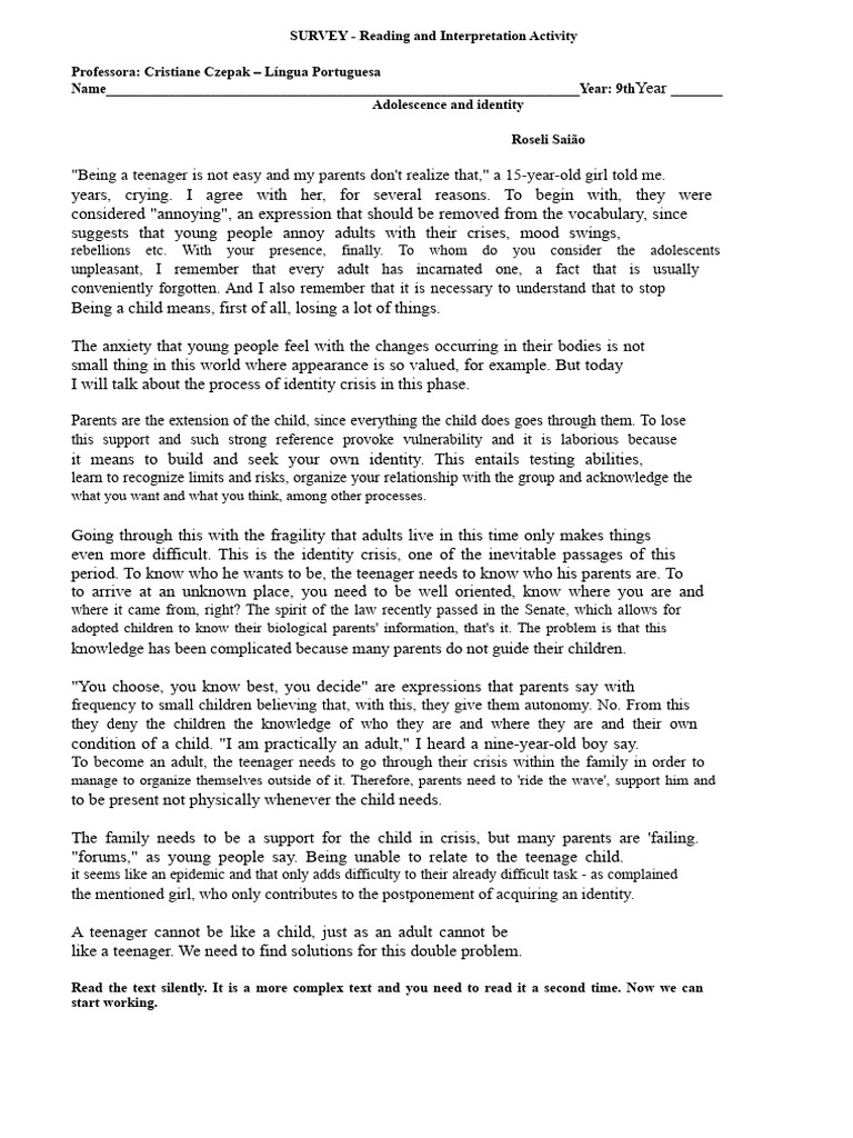 Adolescence and Identity - Text For 7th and 8th Grade | PDF ...