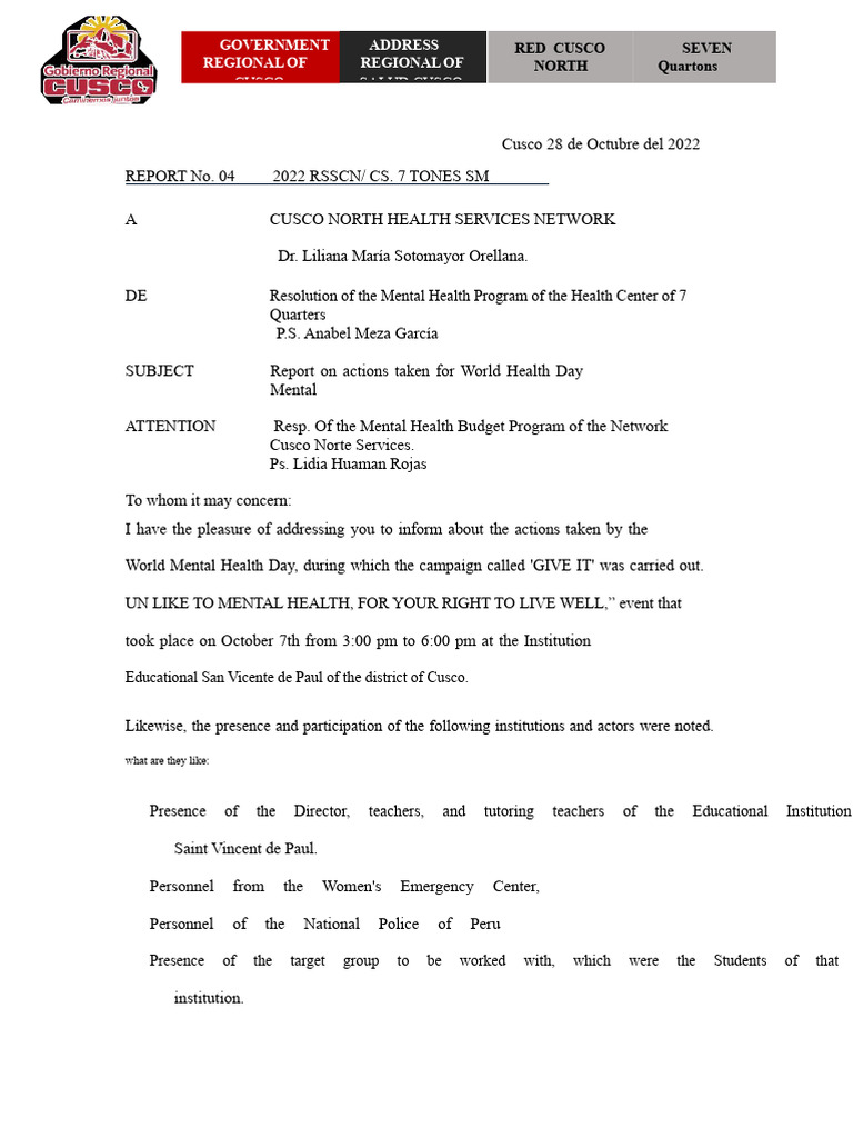 WORLD MENTAL HEALTH DAY REPORT (1) | PDF | Mental Health | Behavioural ...