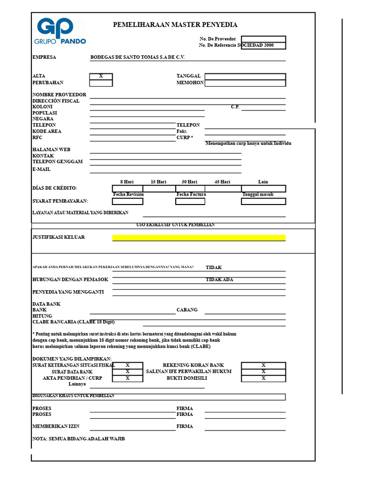Format Excel Untuk PENDAFTARAN PENYEDIA BST | PDF