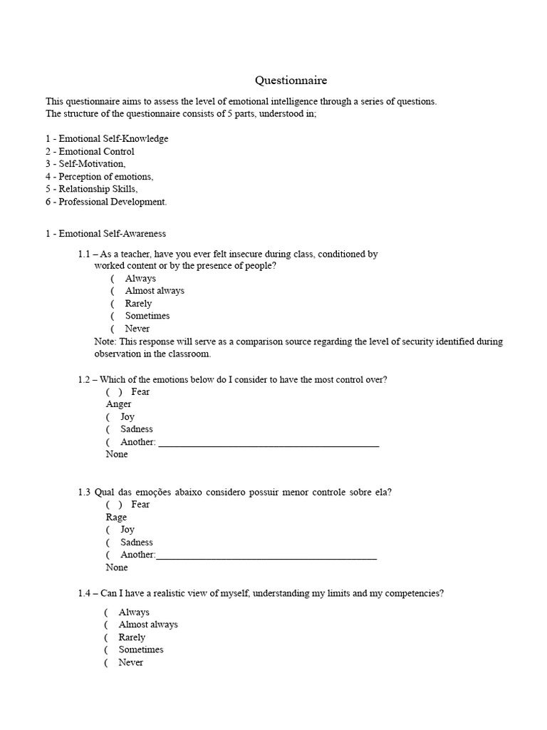Emotional Intelligence Assessment Questionnaire | PDF | Emotions ...
