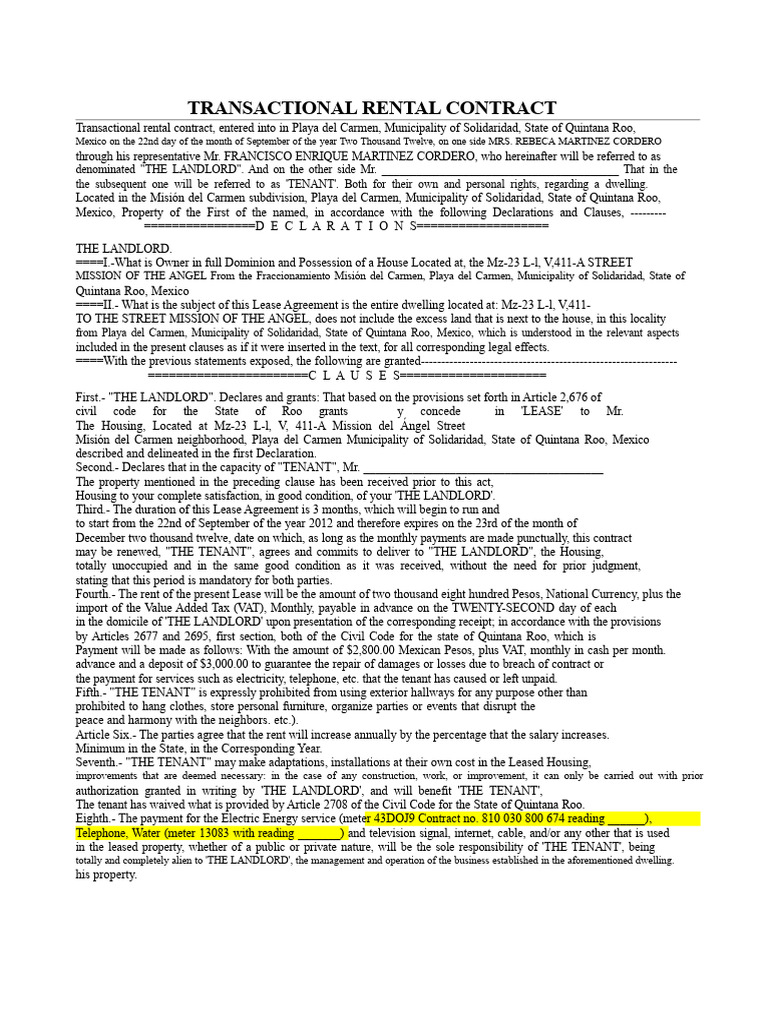 Playa del Carmen Rental Agreement | PDF | Lease | Landlord