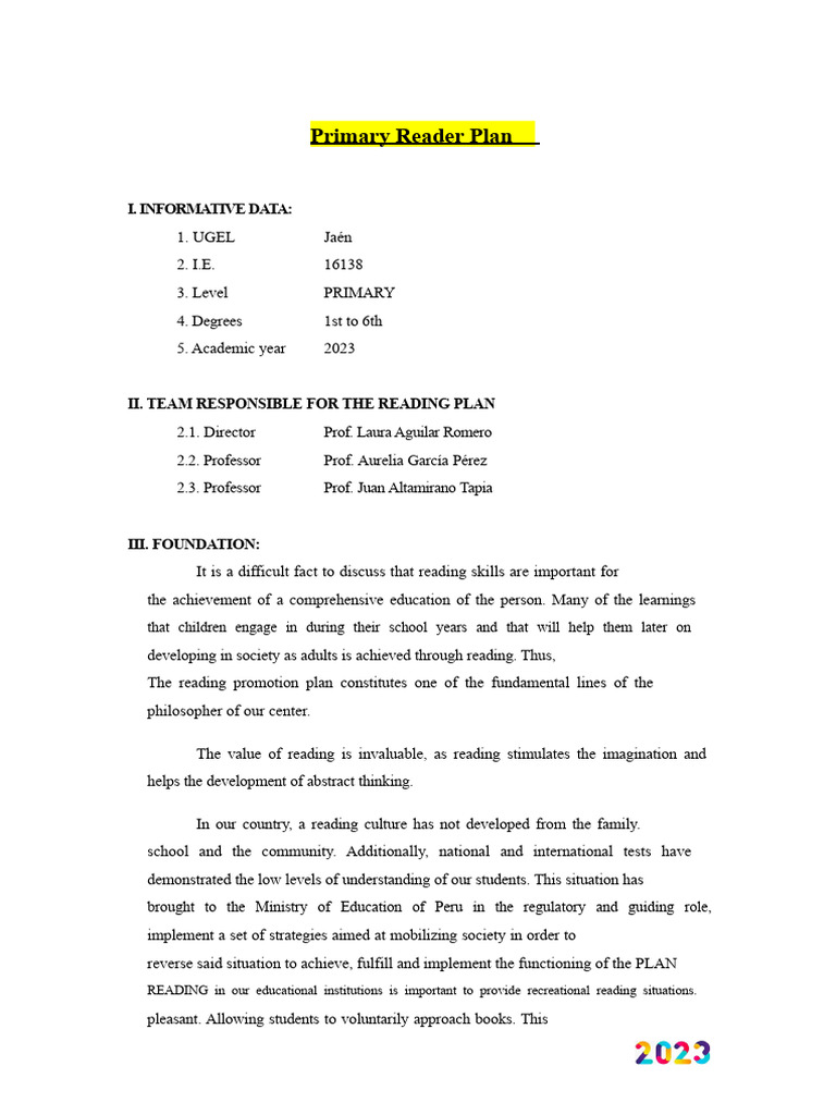 Reading Plan Elementary 2023 | PDF | Reading Comprehension | Cognition