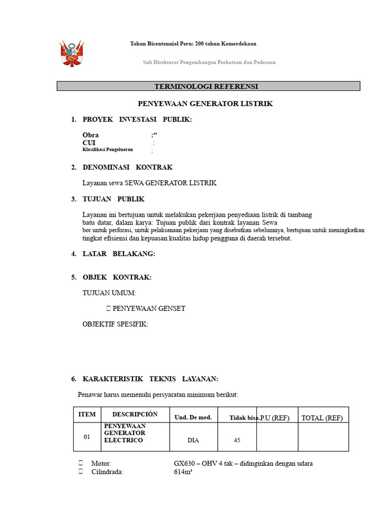 Sewa Generator Listrik untuk Proyek Peru | PDF
