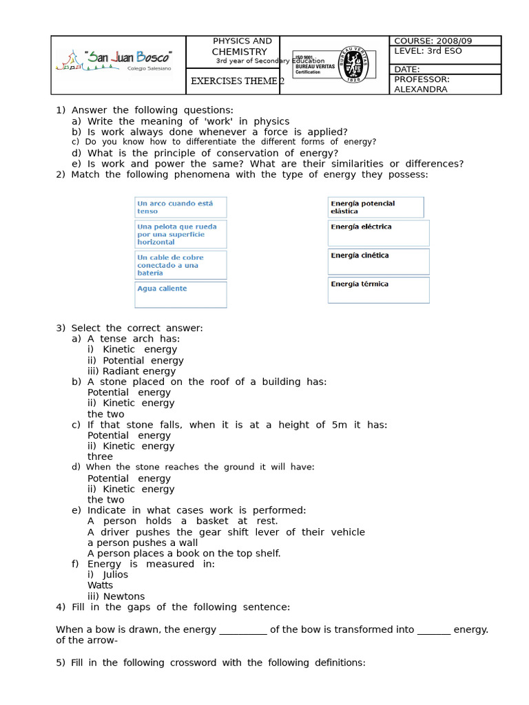 3rd ESO Physics & Chemistry Exercises | PDF | Potential Energy | Nature