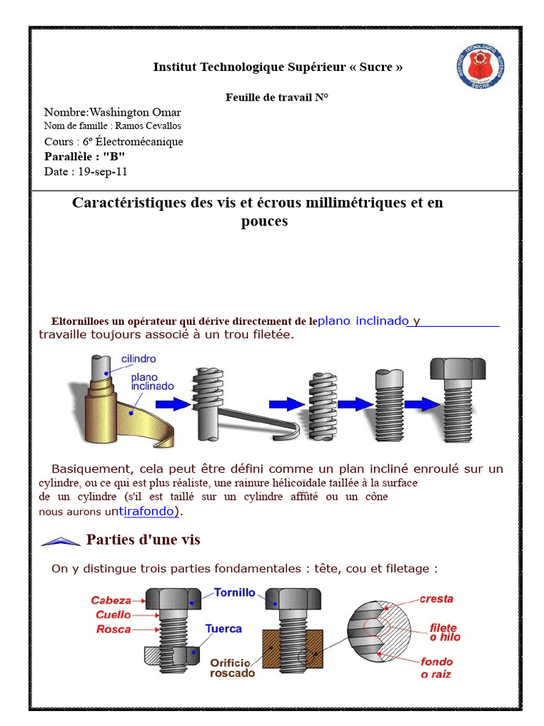 Caractéristiques des vis et écrous | PDF | Vis de fixation | Écrou
