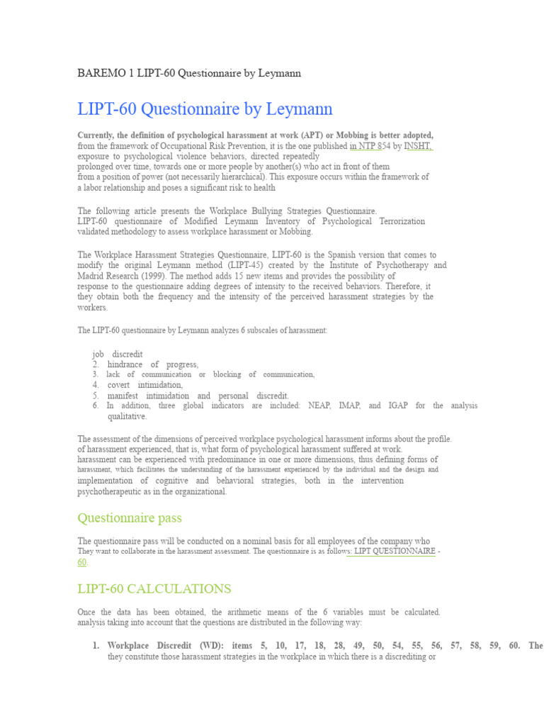 LIPT-60 Workplace Bullying Questionnaire | PDF | Harassment | Problem ...