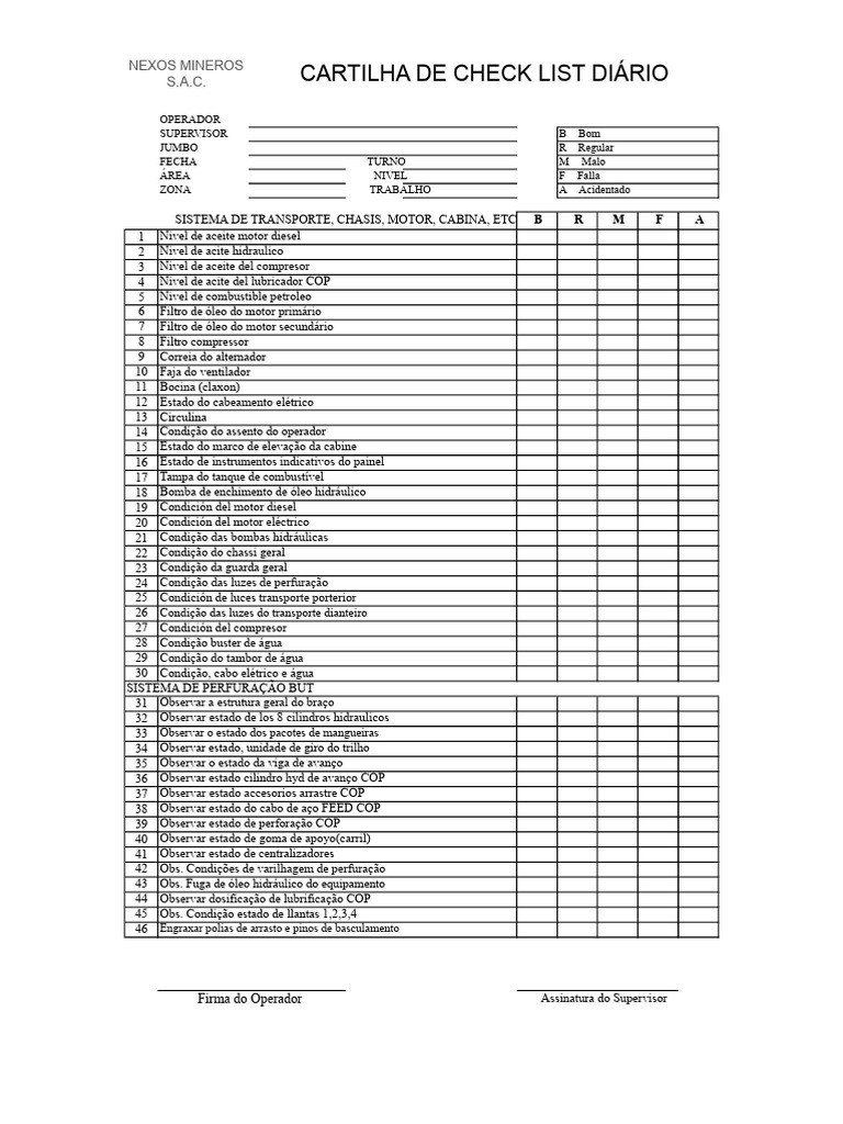 Check List Diário para Operadores de Jumbo | PDF