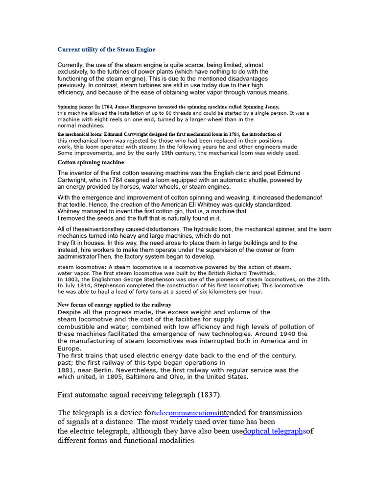 Current Uses of the Steam Engine | PDF | Locomotives | Spinning (Textiles)