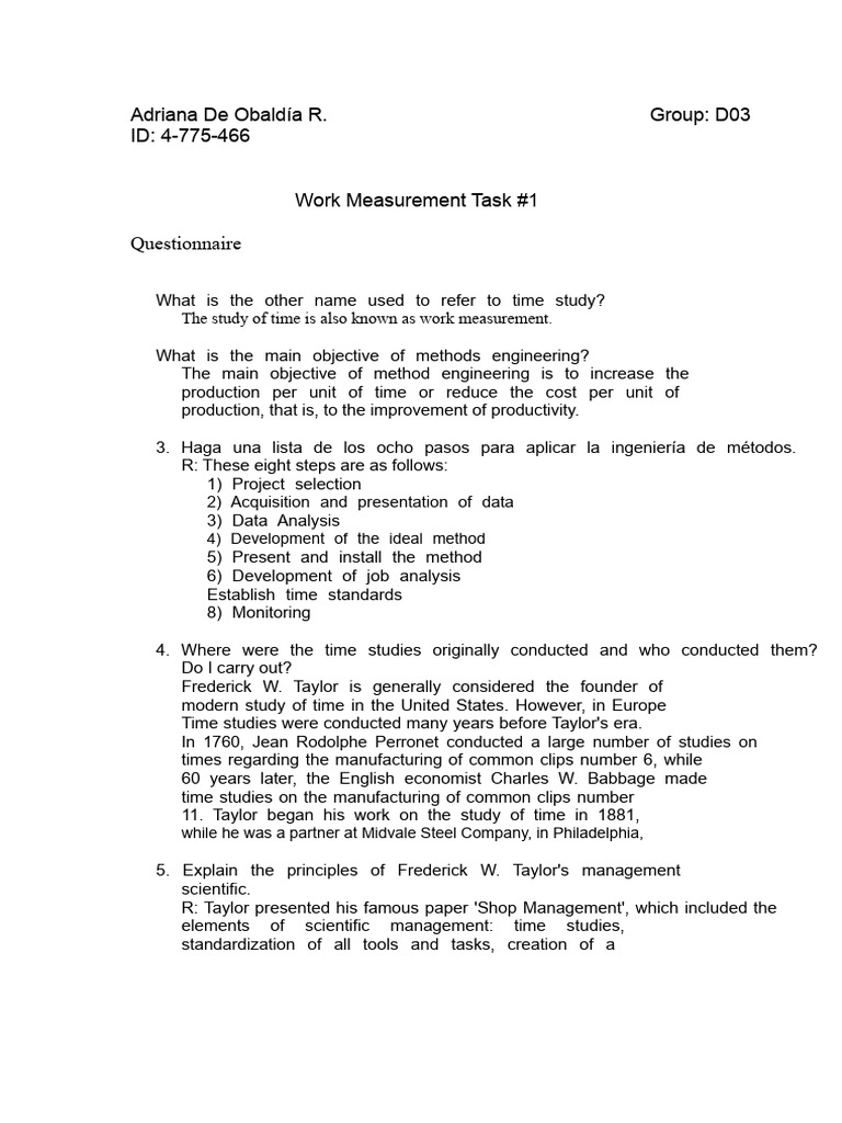 Chapter 1 Questionnaire Work Measurement | PDF | Business