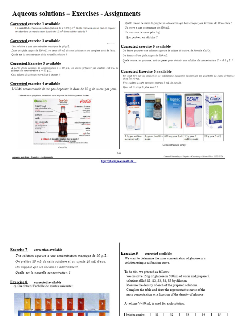 Aqueous Solutions Exercises | PDF | Mass Concentration (Chemistry ...