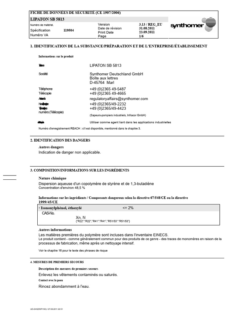 Fiche de données de sécurité LIPATON SB 5813 | PDF | Santé et sécurité ...