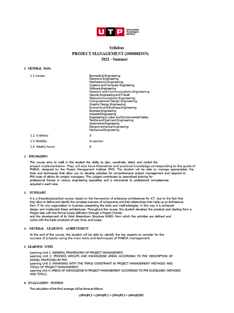 Project Management Syllabus 2021 Summer | PDF | Project Management ...