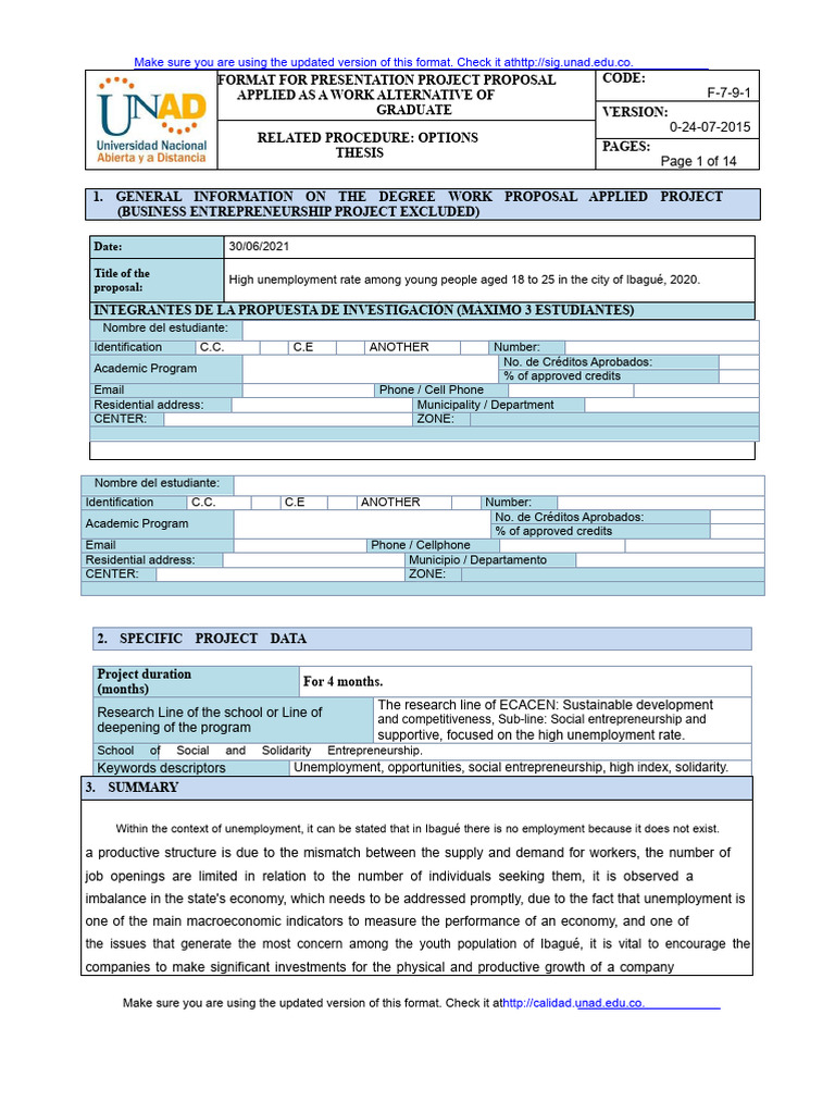 Annex 1. Proposed Applied Project Format F-7-9-1 | PDF | Unemployment ...
