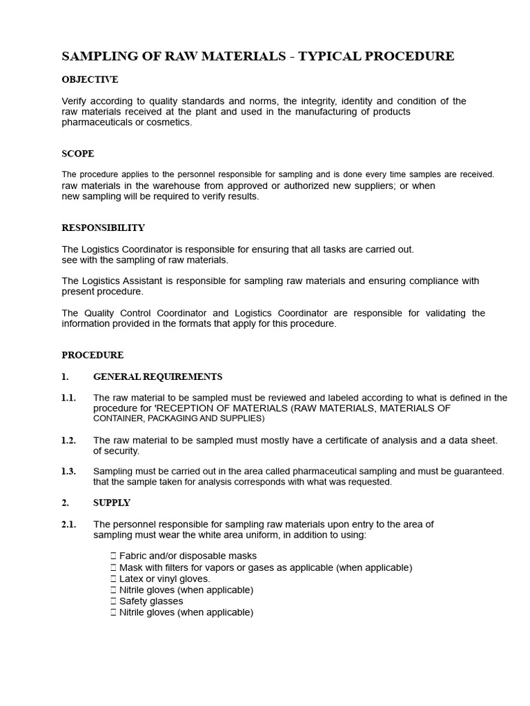 Raw Materials Sampling Procedure Guide | PDF | Logistics | Cosmetics