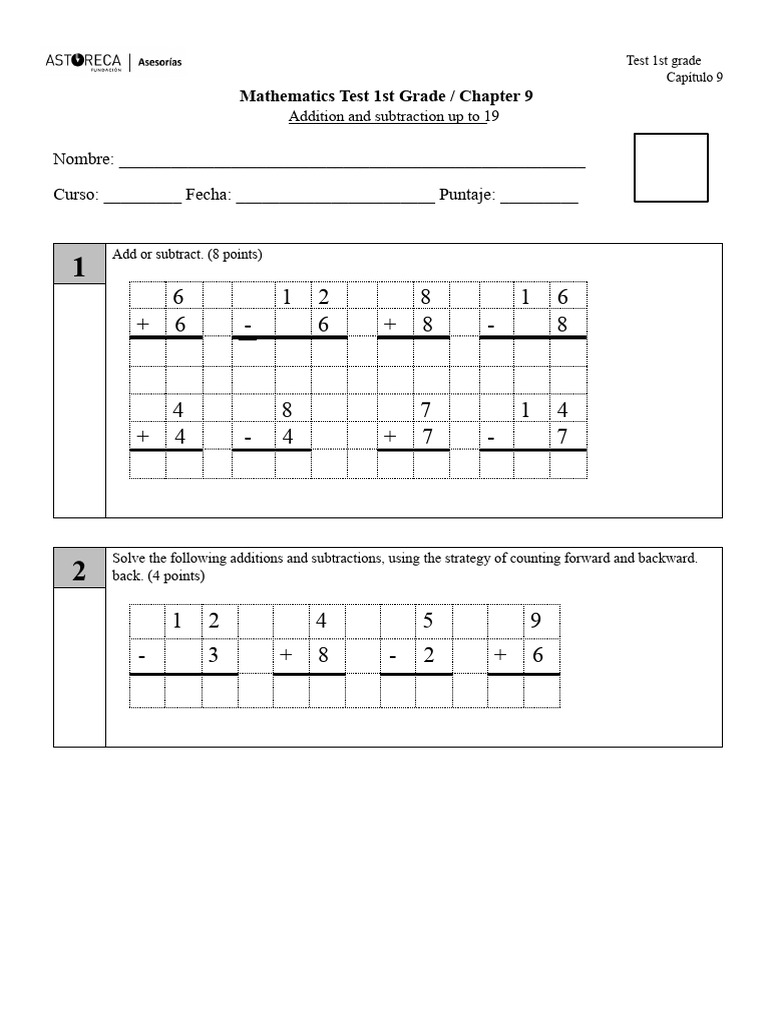 Test For 1st Grade Chapter 9 Addition and Subtraction Up To 19 | PDF ...