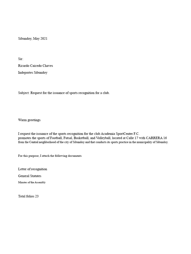 Sports Recognition Letter For Sports Club | PDF
