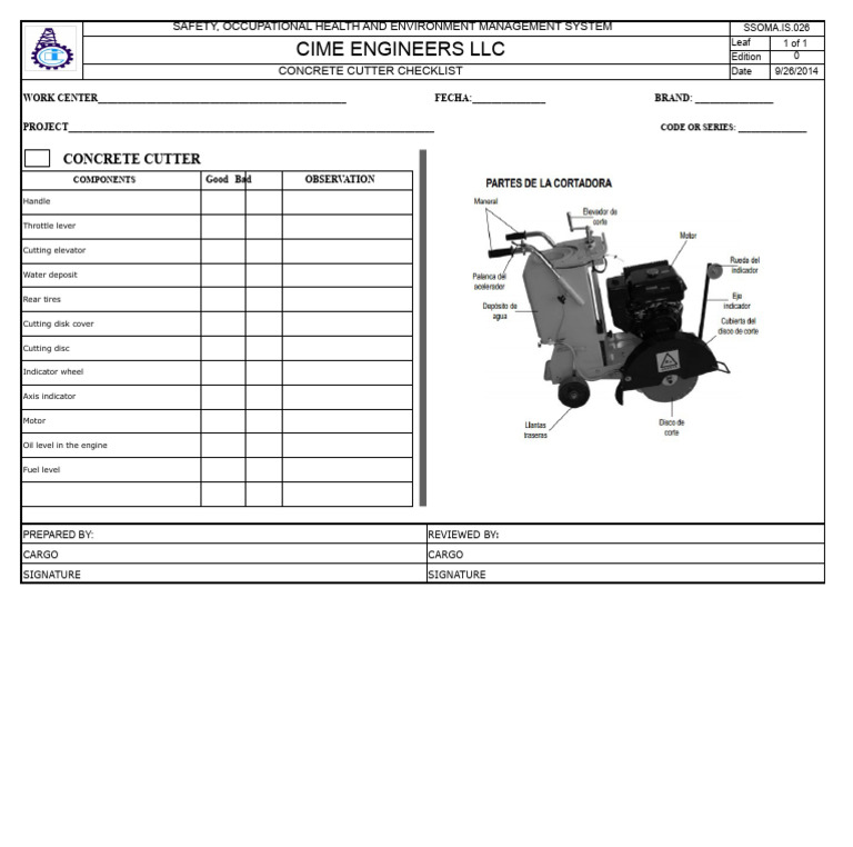 Concrete Cutter Safety Checklist | PDF