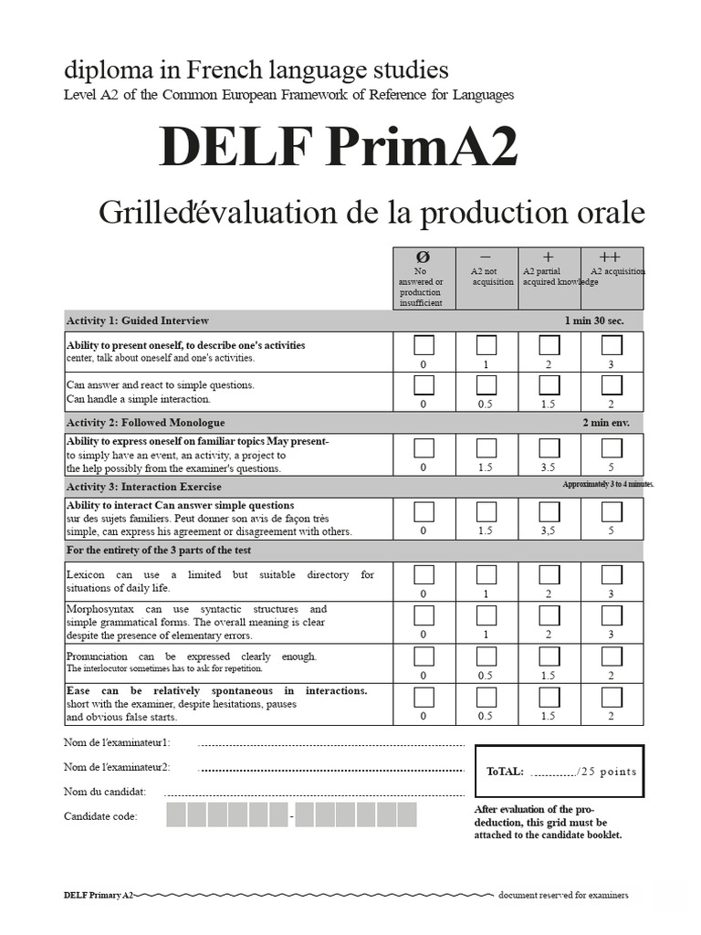 DELF Prim A2 French Exam Evaluation Guide | PDF | Cognition | Cognitive ...