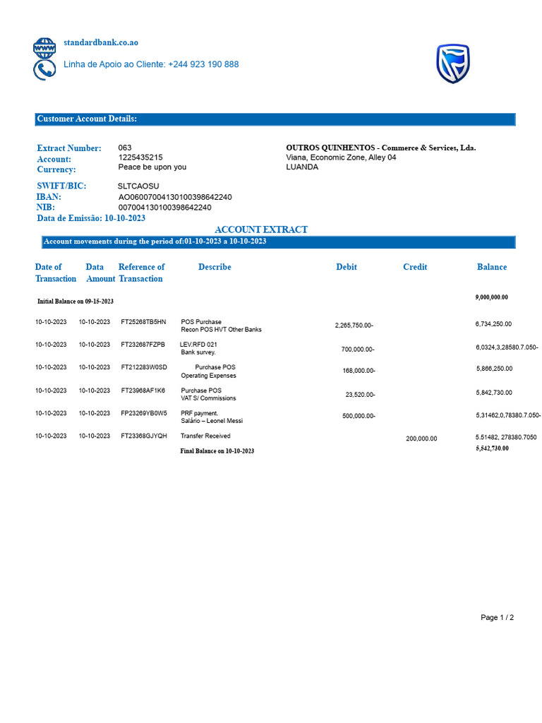 Standard Bank Account Extract Summary | PDF | Banks | Debit Card