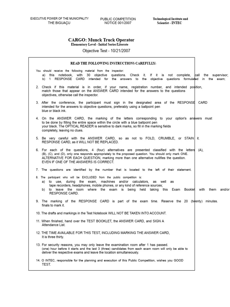 Biguaçu Munck Truck Operator Exam Guide | PDF | Nausea | Truck