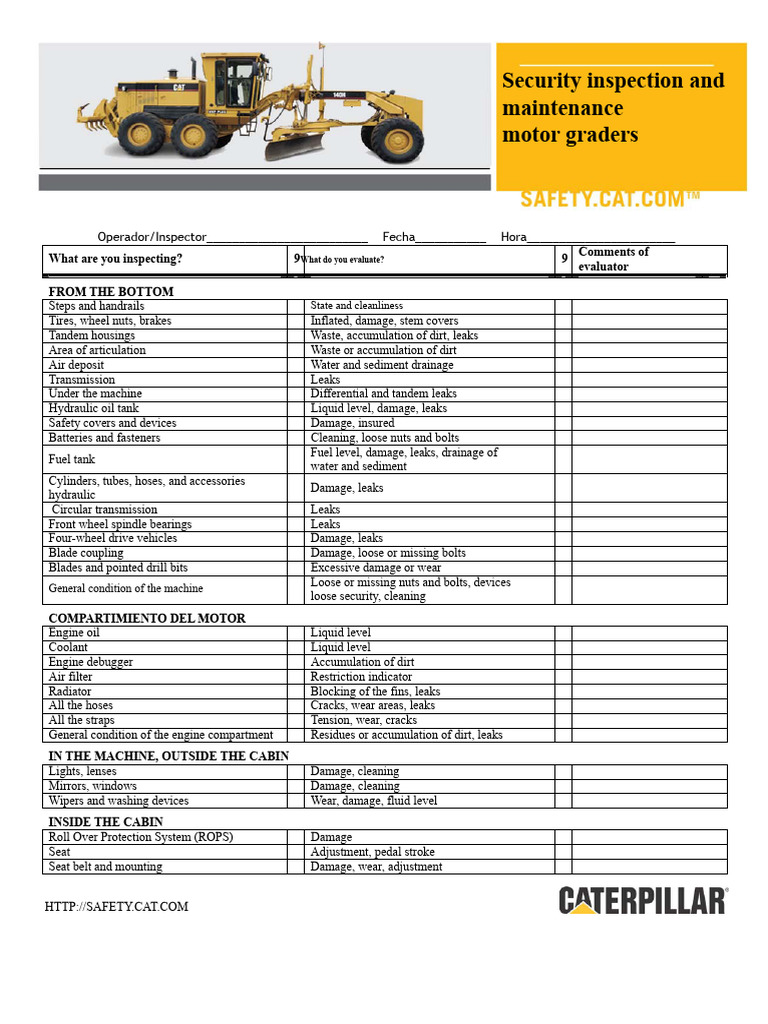 Motor Grader Security Inspection Checklist | PDF | Truck | Leak