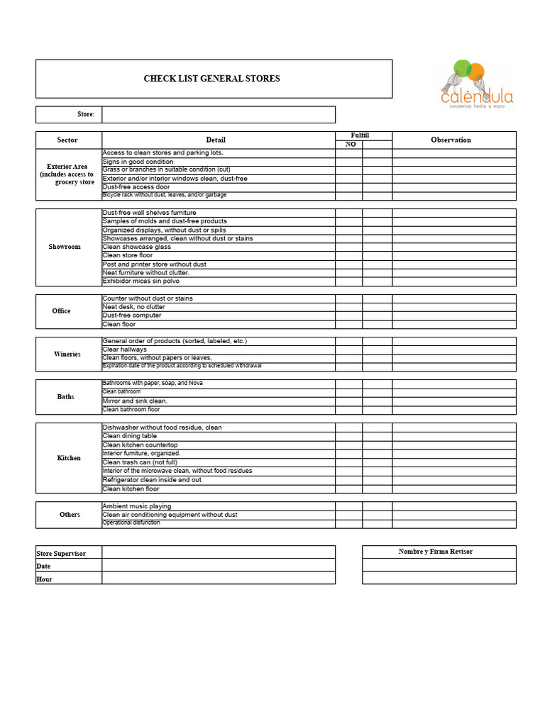 General Store Cleanliness Checklist | PDF | Bathroom | Home