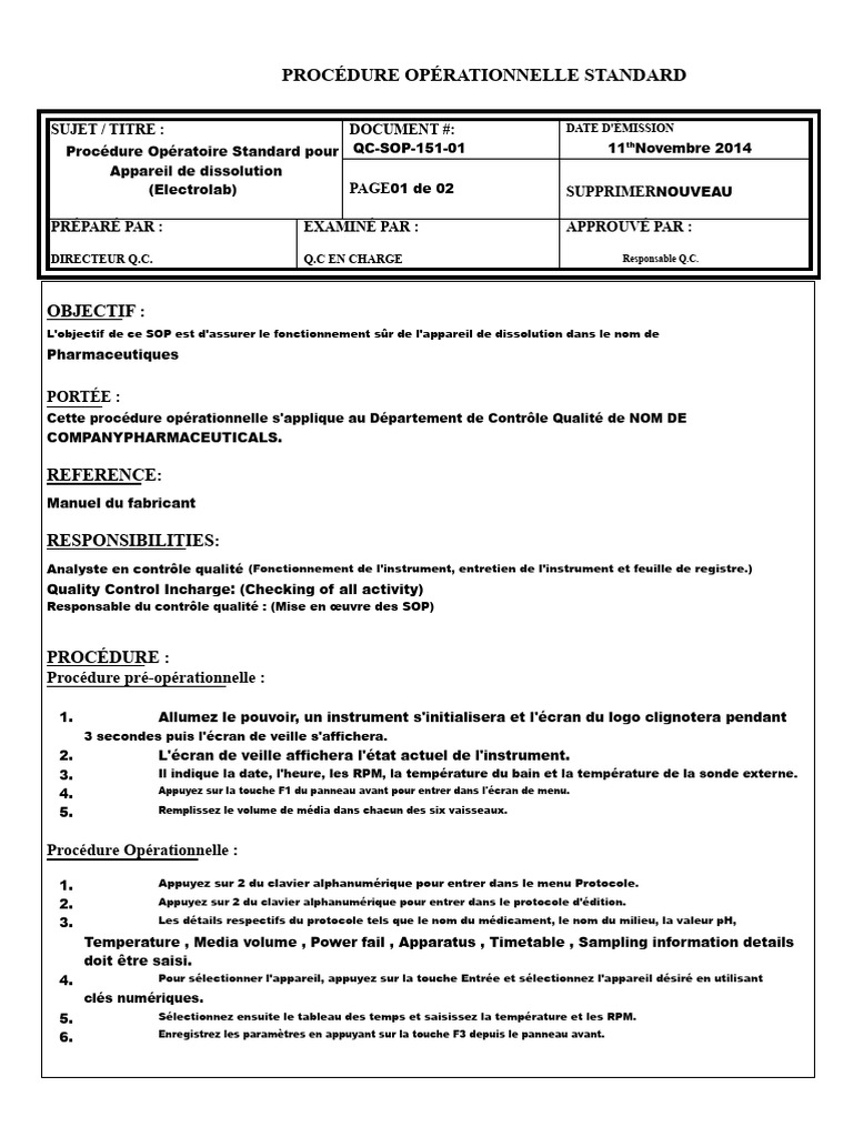 Procédure Opérationnelle Standard Pour Appareil de Dissolution | PDF