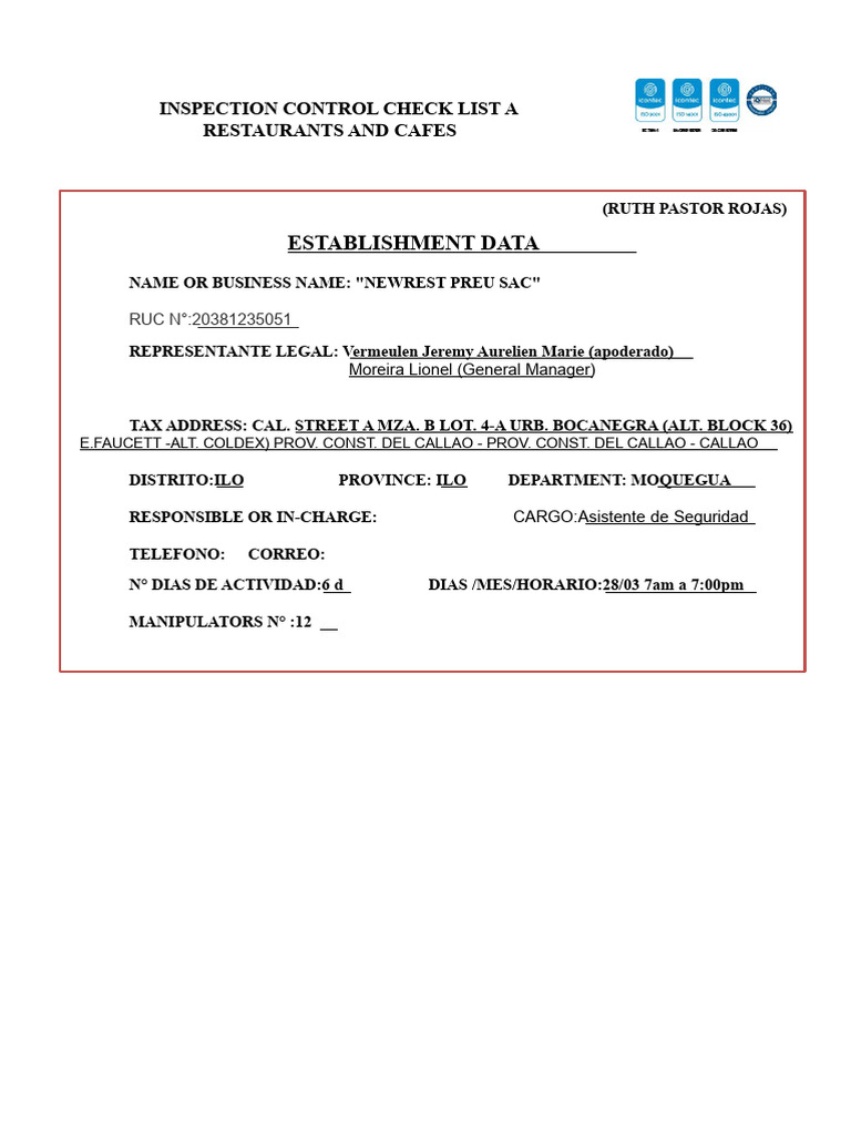 Establishment Data: Inspection Control Check List A Restaurants and ...