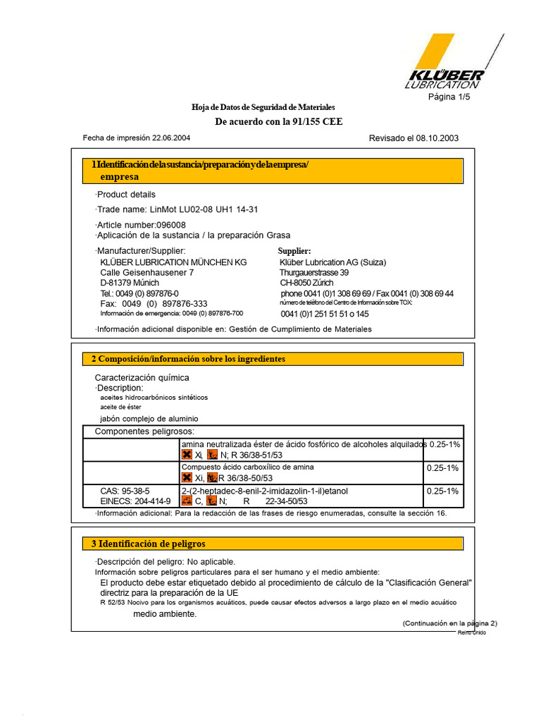 Hoja de Seguridad: LinMot LU02-08 UH1 14-31 | PDF | Agua | Residuos