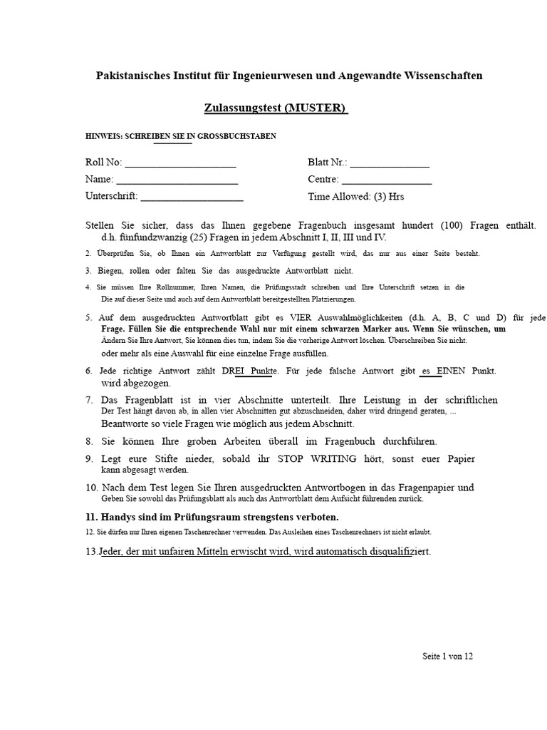 PIEAS Musterprüfungsbogen Für Das BS-Engineering | PDF