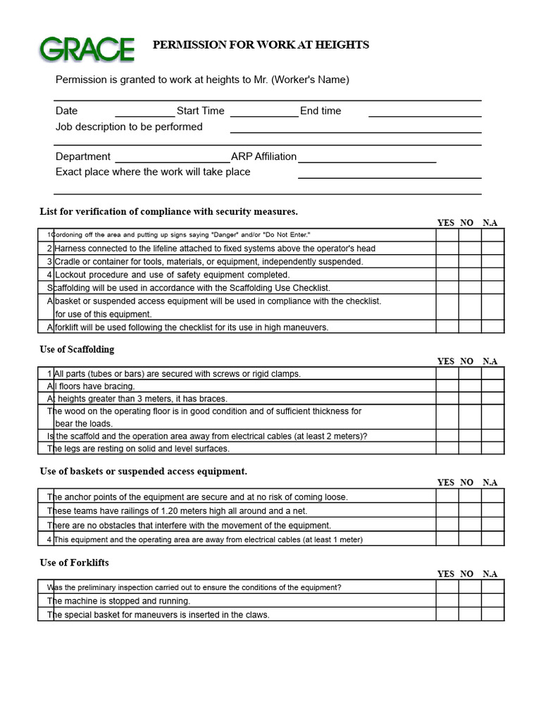 Work at Heights Permission Form | PDF | Scaffolding | Forklift