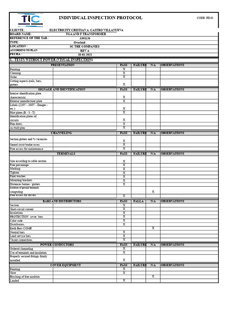 Individual Inspection Protocol for TGA Transformer | PDF | Electrical ...