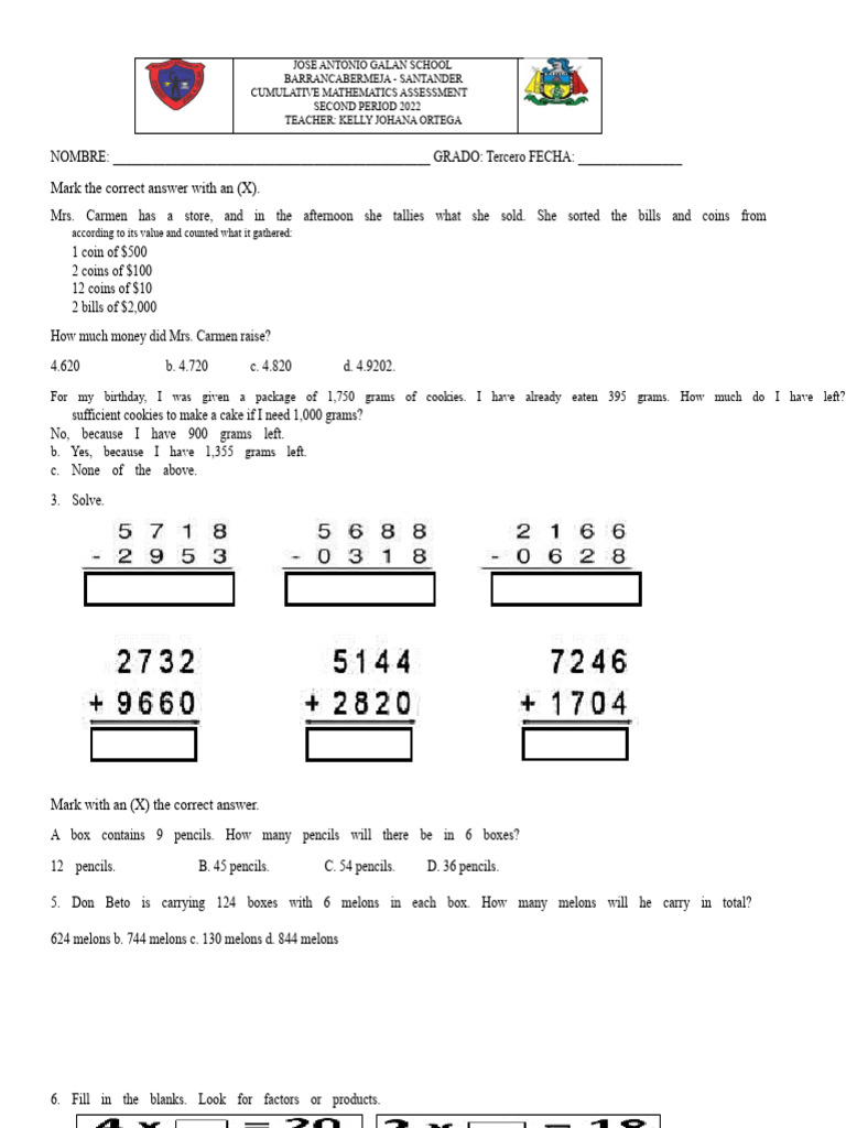 Cumulative Evaluation Mathematics Third Grade | PDF