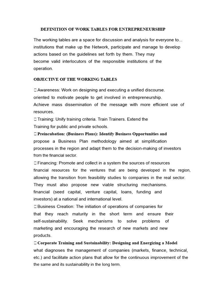 Defining Work Tables for Entrepreneurship | PDF | Entrepreneurship ...