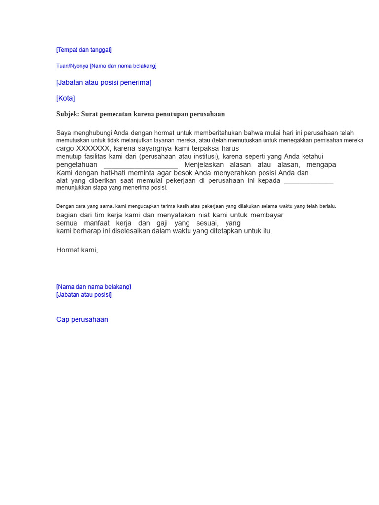 Surat Pemecatan Karena Penutupan Perusahaan | PDF