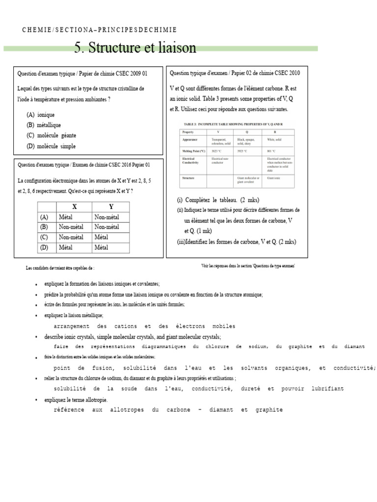 Structure et Liaison en Chimie CSEC | PDF | Liaison chimique | Ion