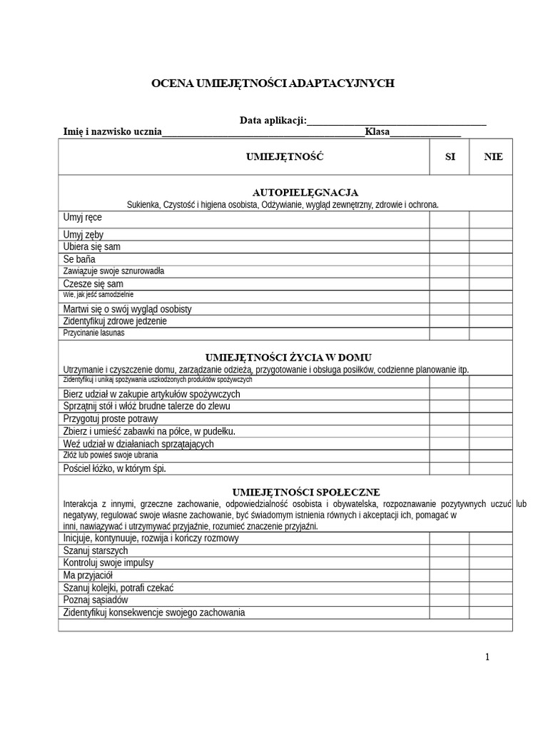 Kwestionariusz Oceny Umiejętności Adaptacyjnych | PDF