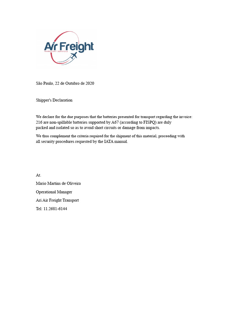 Non-Spillable Battery Shipment Declaration | PDF